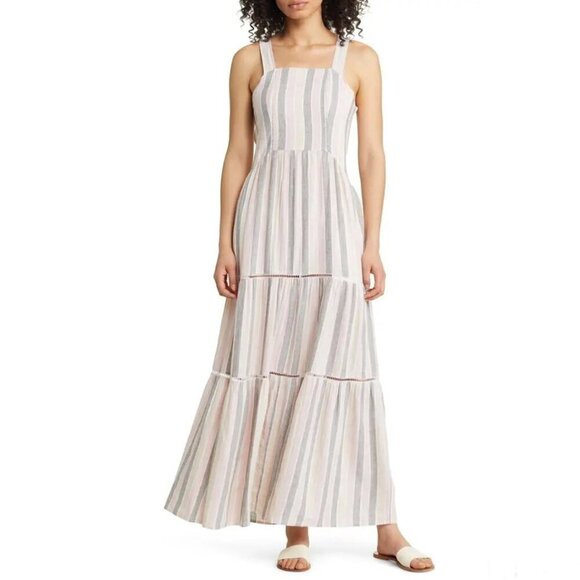 Caslon Linen Blend Striped Maxi Dress Beachy Vacation Resort Summer Boho Large - Picture 1 of 12